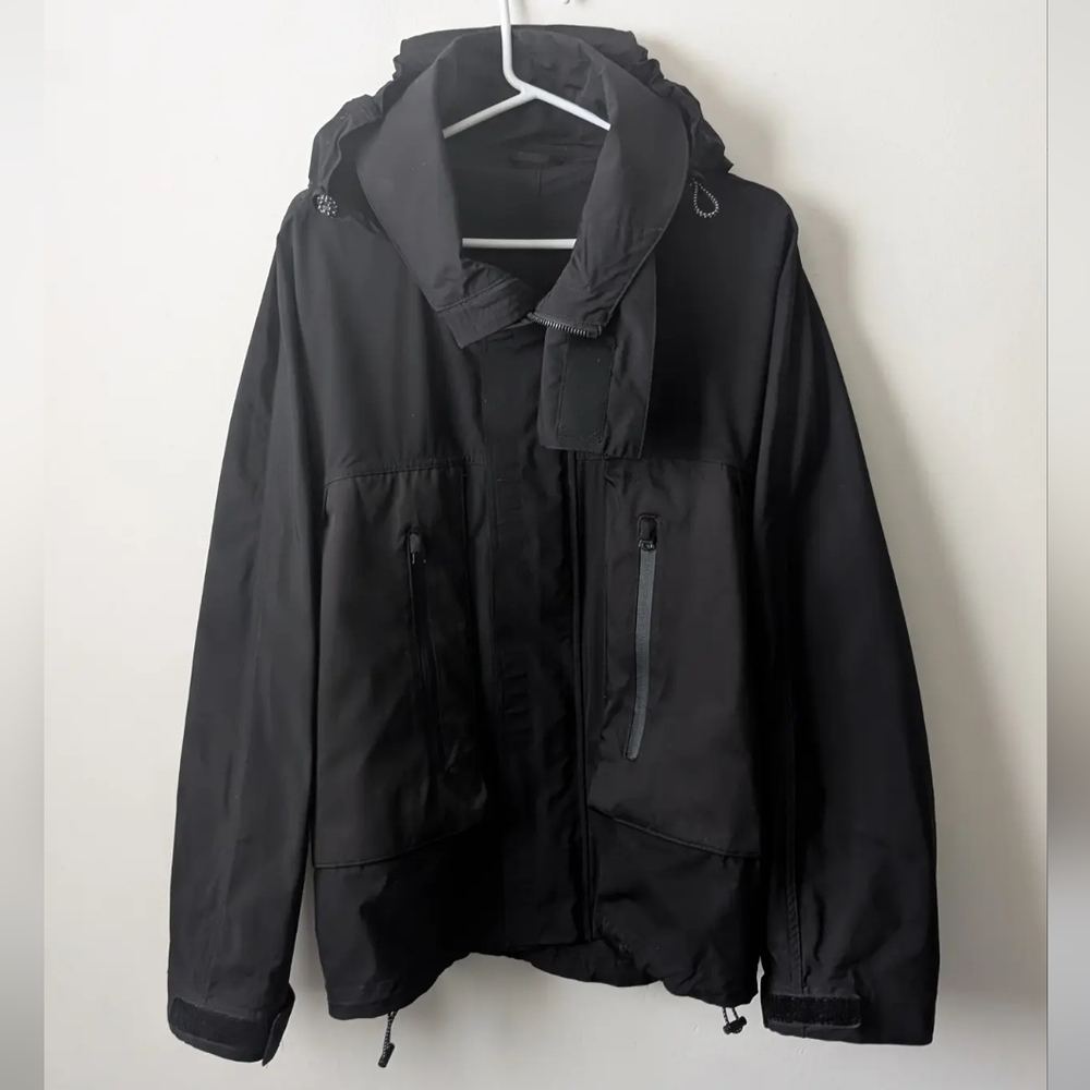Black Hooded Technical High Collar Rain Shell Jacket